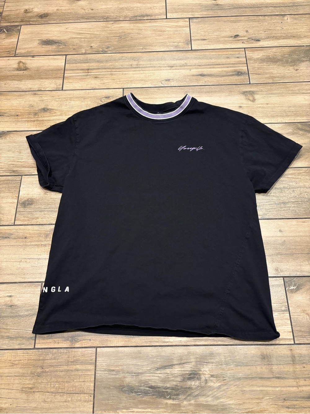 YoungLA Black Purple Striped Collar Embroidered Gym Graphic Tee Small Oversized